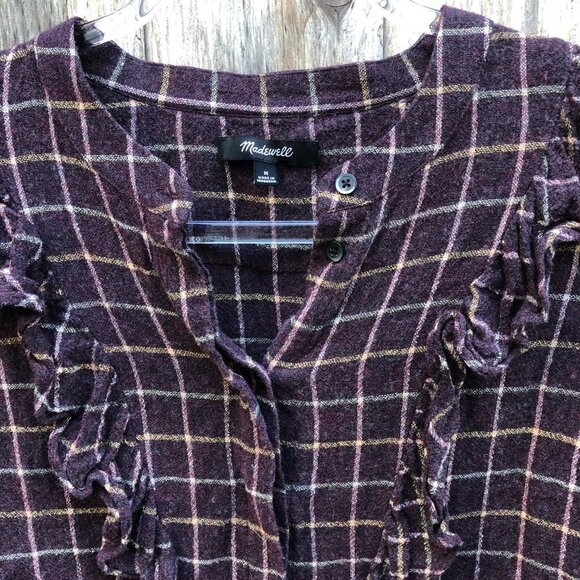 Madewell Purple Windowpane Plaid Ruffle Long Sleeve Top Medium - Picture 7 of 13